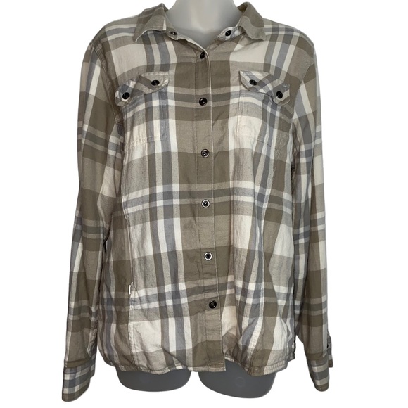 Prana Tops - Prana khaki/blue plaid pattern button snap flannel